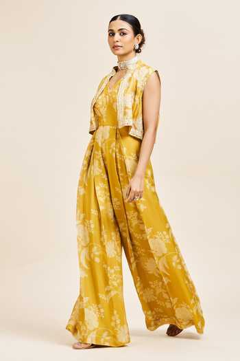 Issa Studio By Chetana & Swathi_Yellow Organza Dhara Printed Jumpsuit With Cape _Online_at_Aza_Fashions