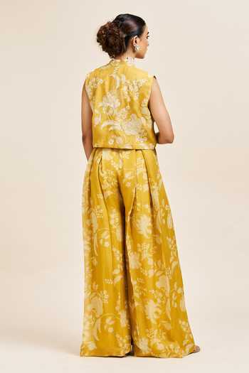 Shop_Issa Studio By Chetana & Swathi_Yellow Organza Dhara Printed Jumpsuit With Cape _at_Aza_Fashions