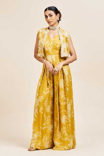 Buy_Issa Studio By Chetana & Swathi_Yellow Organza Dhara Printed Jumpsuit With Cape _Online_at_Aza_Fashions