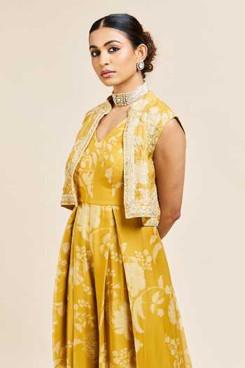 Shop_Issa Studio By Chetana & Swathi_Yellow Organza Dhara Printed Jumpsuit With Cape _Online_at_Aza_Fashions