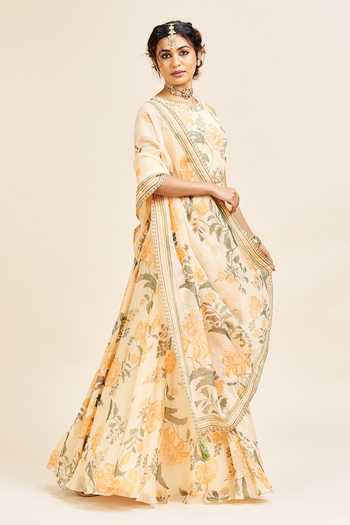 Issa Studio By Chetana & Swathi_Yellow Organza Round Neck Kripa Printed Anarkali And Dupatta _Online_at_Aza_Fashions