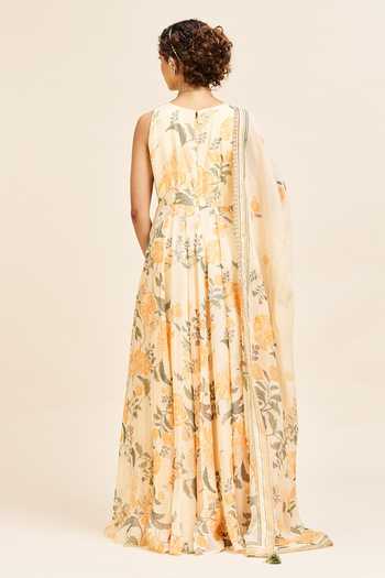 Shop_Issa Studio By Chetana & Swathi_Yellow Organza Round Neck Kripa Printed Anarkali And Dupatta _at_Aza_Fashions