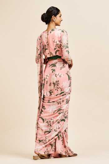 Shop_Issa Studio By Chetana & Swathi_Pink Georgette Round Neck Meera Printed Pre-draped Saree With Blouse _at_Aza_Fashions