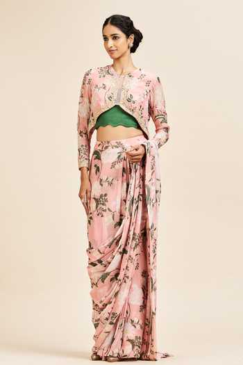Issa Studio By Chetana & Swathi_Pink Georgette Round Neck Meera Printed Pre-draped Saree With Blouse _Online_at_Aza_Fashions