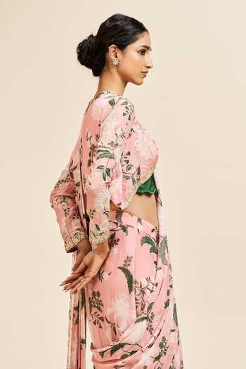Buy_Issa Studio By Chetana & Swathi_Pink Georgette Round Neck Meera Printed Pre-draped Saree With Blouse _Online_at_Aza_Fashions