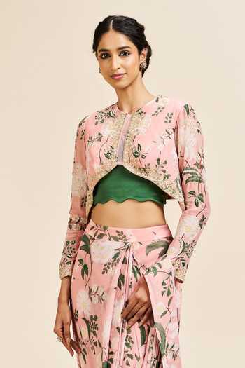 Shop_Issa Studio By Chetana & Swathi_Pink Georgette Round Neck Meera Printed Pre-draped Saree With Blouse _Online_at_Aza_Fashions