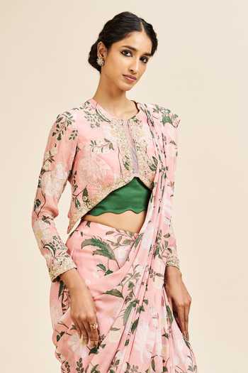 Issa Studio By Chetana & Swathi_Pink Georgette Round Neck Meera Printed Pre-draped Saree With Blouse _at_Aza_Fashions