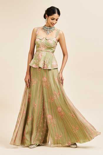 Issa Studio By Chetana & Swathi_Green Organza Sweetheart Neck Nayira Printed Peplum Top And Sharara Set _Online_at_Aza_Fashions