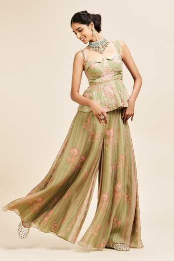 Buy_Issa Studio By Chetana & Swathi_Green Organza Sweetheart Neck Nayira Printed Peplum Top And Sharara Set _Online_at_Aza_Fashions