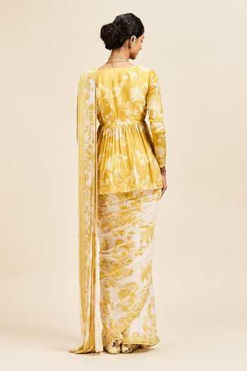 Shop_Issa Studio By Chetana & Swathi_Ivory Georgette V-neck Nihari Pre-draped Saree With Peplum Top _at_Aza_Fashions