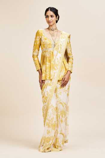 Buy_Issa Studio By Chetana & Swathi_Ivory Georgette V-neck Nihari Pre-draped Saree With Peplum Top _Online_at_Aza_Fashions