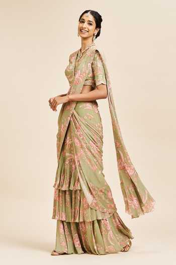 Issa Studio By Chetana & Swathi_Green Georgette V-neck Nihari Pre-draped Layered Saree With Blouse _Online_at_Aza_Fashions