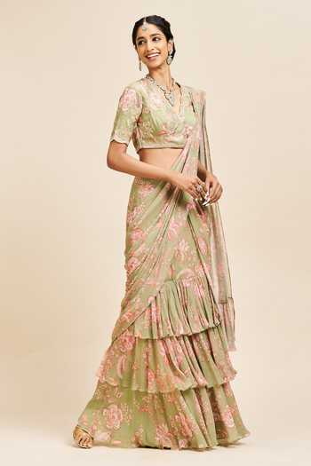 Buy_Issa Studio By Chetana & Swathi_Green Georgette V-neck Nihari Pre-draped Layered Saree With Blouse _Online_at_Aza_Fashions