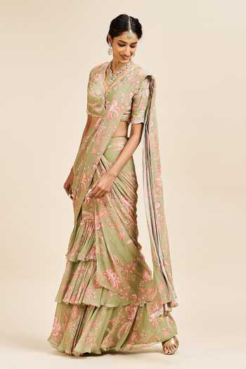 Shop_Issa Studio By Chetana & Swathi_Green Georgette V-neck Nihari Pre-draped Layered Saree With Blouse _Online_at_Aza_Fashions