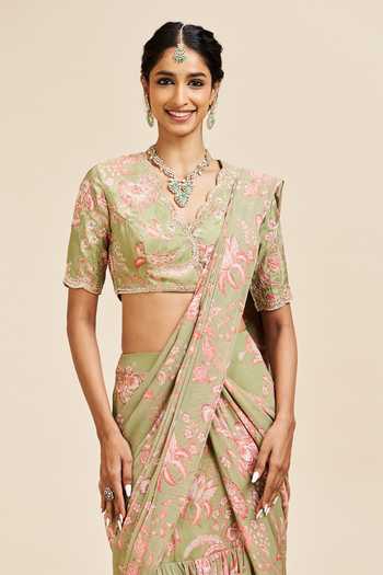 Issa Studio By Chetana & Swathi_Green Georgette V-neck Nihari Pre-draped Layered Saree With Blouse _at_Aza_Fashions