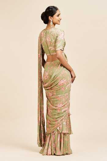 Shop_Issa Studio By Chetana & Swathi_Green Georgette V-neck Nihari Pre-draped Layered Saree With Blouse _at_Aza_Fashions