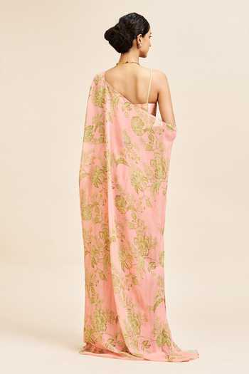 Shop_Issa Studio By Chetana & Swathi_Peach Silk Square Neck Nithi Floral Print Cape Sharara Set _at_Aza_Fashions