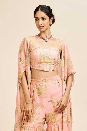 Issa Studio By Chetana & Swathi_Peach Silk Square Neck Nithi Floral Print Cape Sharara Set _Online_at_Aza_Fashions