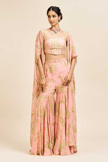 Buy_Issa Studio By Chetana & Swathi_Peach Silk Square Neck Nithi Floral Print Cape Sharara Set _at_Aza_Fashions