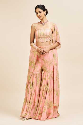 Buy_Issa Studio By Chetana & Swathi_Peach Silk Square Neck Nithi Floral Print Cape Sharara Set _Online_at_Aza_Fashions