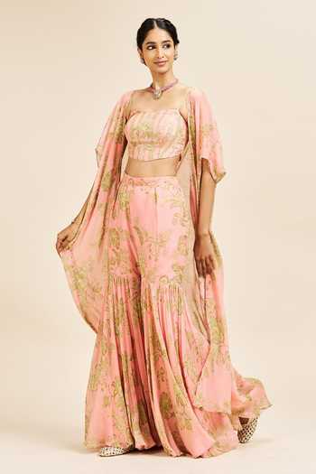 Shop_Issa Studio By Chetana & Swathi_Peach Silk Square Neck Nithi Floral Print Cape Sharara Set _Online_at_Aza_Fashions