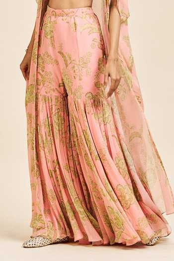 Buy_Issa Studio By Chetana & Swathi_Peach Silk Square Neck Nithi Floral Print Cape Sharara Set 