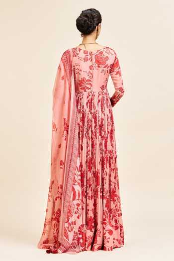 Shop_Issa Studio By Chetana & Swathi_Red Georgette Scoop Neck Niva Printed Anarkali With Dupatta Set _at_Aza_Fashions
