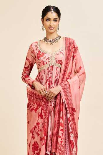 Issa Studio By Chetana & Swathi_Red Georgette Scoop Neck Niva Printed Anarkali With Dupatta Set _Online_at_Aza_Fashions