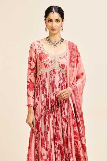 Shop_Issa Studio By Chetana & Swathi_Red Georgette Scoop Neck Niva Printed Anarkali With Dupatta Set _Online_at_Aza_Fashions