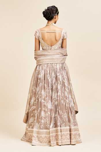 Shop_Issa Studio By Chetana & Swathi_Beige Organza V-neck Pragya Printed Pleated Lehenga Set _at_Aza_Fashions