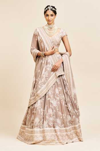 Issa Studio By Chetana & Swathi_Beige Organza V-neck Pragya Printed Pleated Lehenga Set _Online_at_Aza_Fashions