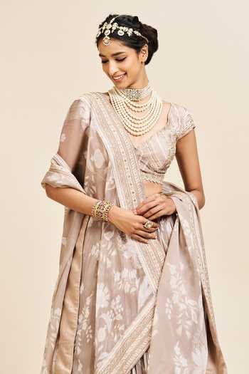 Buy_Issa Studio By Chetana & Swathi_Beige Organza V-neck Pragya Printed Pleated Lehenga Set _Online_at_Aza_Fashions