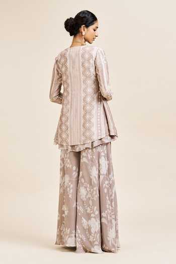 Shop_Issa Studio By Chetana & Swathi_Beige Georgette Open Neck, Ruba Floral Embroidered Jacket Sharara Set _at_Aza_Fashions