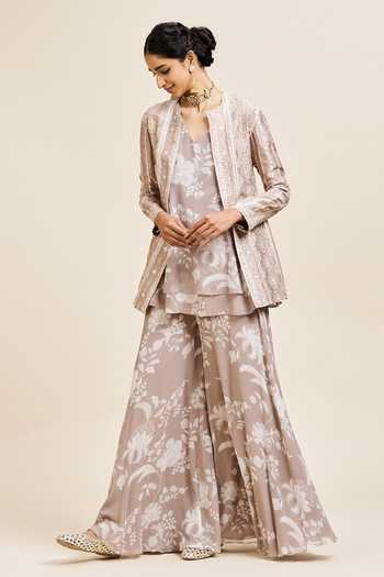 Buy_Issa Studio By Chetana & Swathi_Beige Georgette Open Neck, Ruba Floral Embroidered Jacket Sharara Set _Online_at_Aza_Fashions