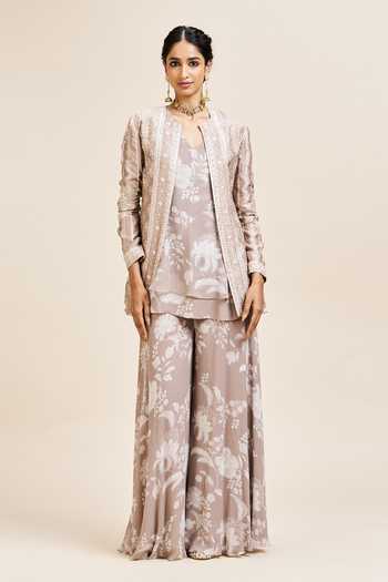 Issa Studio By Chetana & Swathi_Beige Georgette Open Neck, Ruba Floral Embroidered Jacket Sharara Set _at_Aza_Fashions