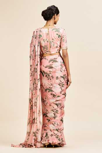 Shop_Issa Studio By Chetana & Swathi_Blush Silk, Organza V-neck Runika Printed Pre-draped Saree With Blouse _at_Aza_Fashions