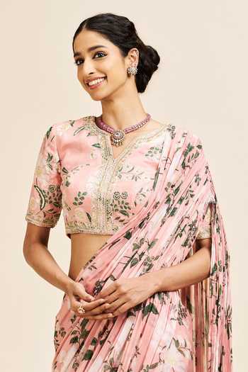 Issa Studio By Chetana & Swathi_Blush Silk, Organza V-neck Runika Printed Pre-draped Saree With Blouse _Online_at_Aza_Fashions