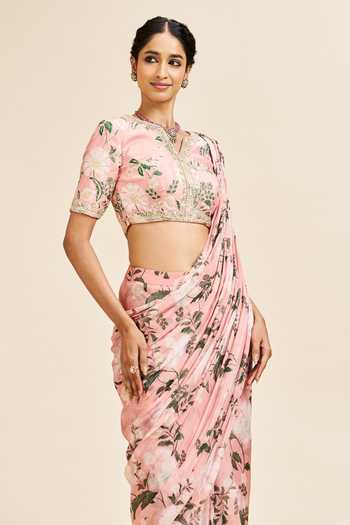 Buy_Issa Studio By Chetana & Swathi_Blush Silk, Organza V-neck Runika Printed Pre-draped Saree With Blouse _Online_at_Aza_Fashions