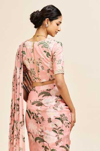 Shop_Issa Studio By Chetana & Swathi_Blush Silk, Organza V-neck Runika Printed Pre-draped Saree With Blouse _Online_at_Aza_Fashions
