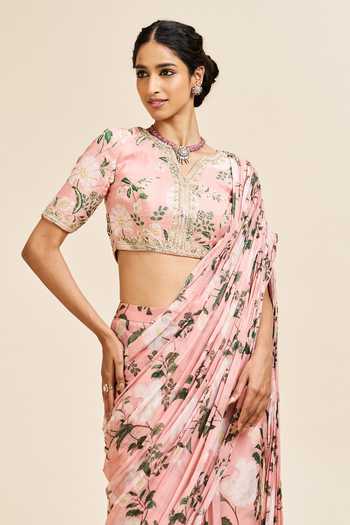 Issa Studio By Chetana & Swathi_Blush Silk, Organza V-neck Runika Printed Pre-draped Saree With Blouse _at_Aza_Fashions