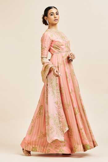Issa Studio By Chetana & Swathi_Peach Organza Round Neck Sadhna Printed Anarkali With Dupatta _Online_at_Aza_Fashions