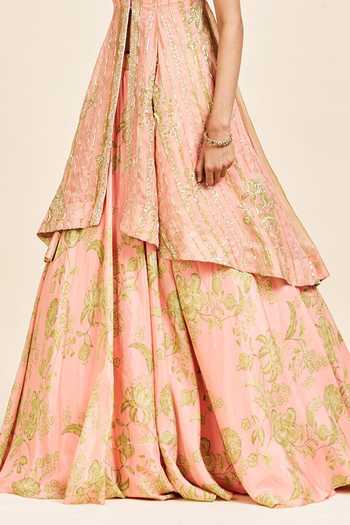 Buy_Issa Studio By Chetana & Swathi_Peach Organza Round Neck Sadhna Printed Anarkali With Dupatta _Online_at_Aza_Fashions