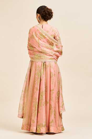 Shop_Issa Studio By Chetana & Swathi_Peach Organza Round Neck Sadhna Printed Anarkali With Dupatta _at_Aza_Fashions