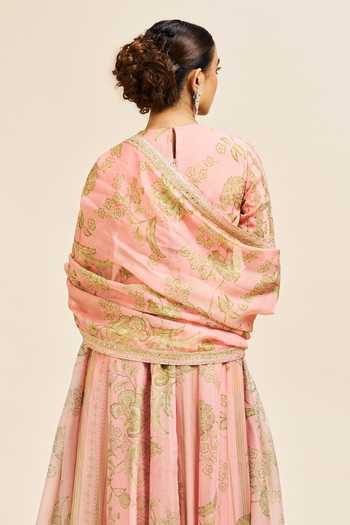 Shop_Issa Studio By Chetana & Swathi_Peach Organza Round Neck Sadhna Printed Anarkali With Dupatta _Online_at_Aza_Fashions