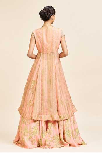 Shop_Issa Studio By Chetana & Swathi_Peach Silk Organza V-neck Saloni Embroidered Slit Kurta And Lehenga Set _at_Aza_Fashions
