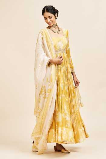Issa Studio By Chetana & Swathi_Yellow Organza, Georgette Square Neck Smriti Printed Anarkali With Dupatta _Online_at_Aza_Fashions