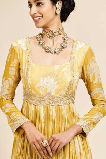 Issa Studio By Chetana & Swathi_Yellow Organza, Georgette Square Neck Smriti Printed Anarkali With Dupatta _at_Aza_Fashions