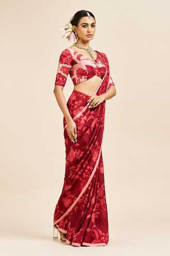 Shop_Issa Studio By Chetana & Swathi_Red Silk V-neck Vedita Printed Saree With Blouse _Online_at_Aza_Fashions