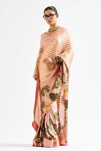 Issa Studio By Chetana & Swathi_Beige Georgette, Satin Sweetheart Neck Kathya Printed Saree With Blouse _Online_at_Aza_Fashions