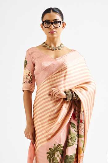 Shop_Issa Studio By Chetana & Swathi_Beige Georgette, Satin Sweetheart Neck Kathya Printed Saree With Blouse _Online_at_Aza_Fashions